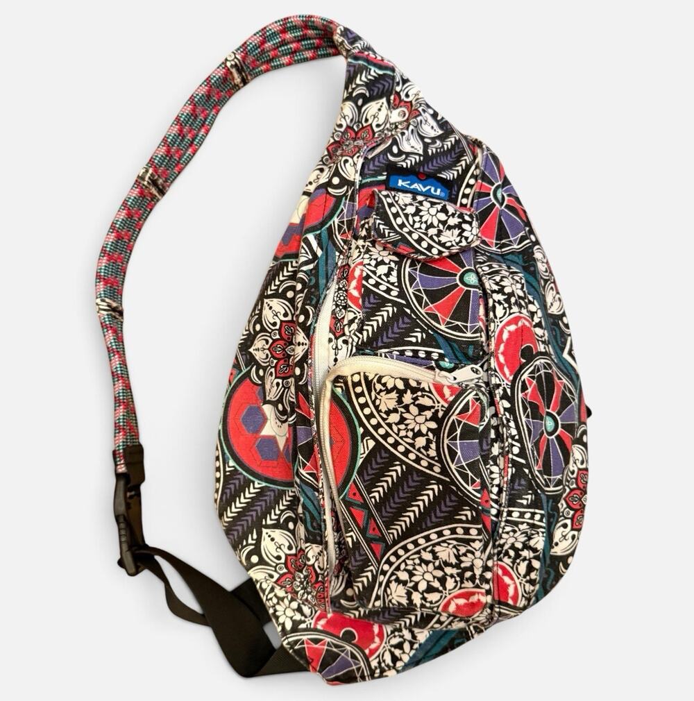 KAVU Rope Sling Backpack Spring Hodgepodge Mandala Red Black Canvas Crossbody